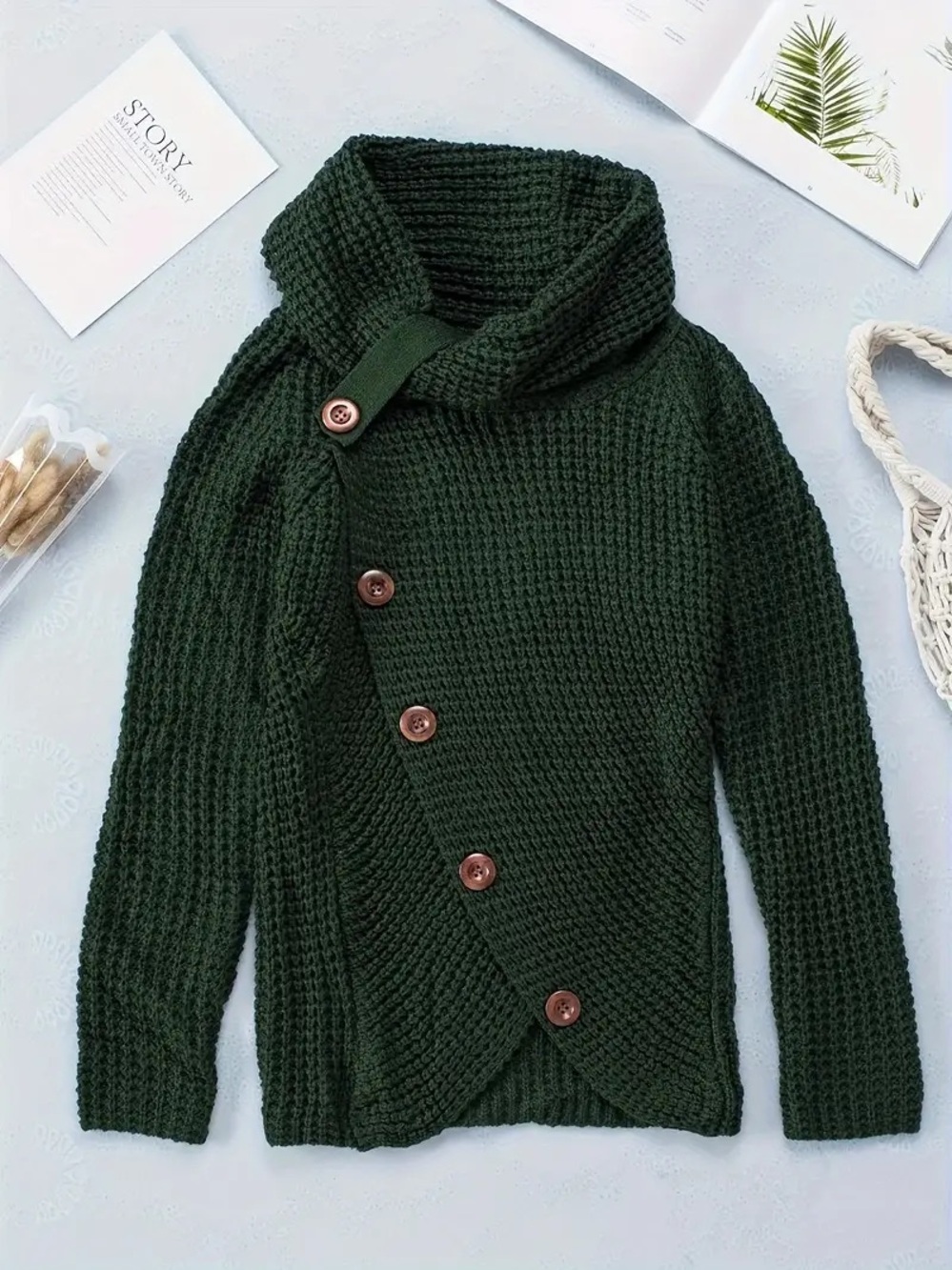 Cozy Asymmetric Button-Up Knit Sweater - Deep Green